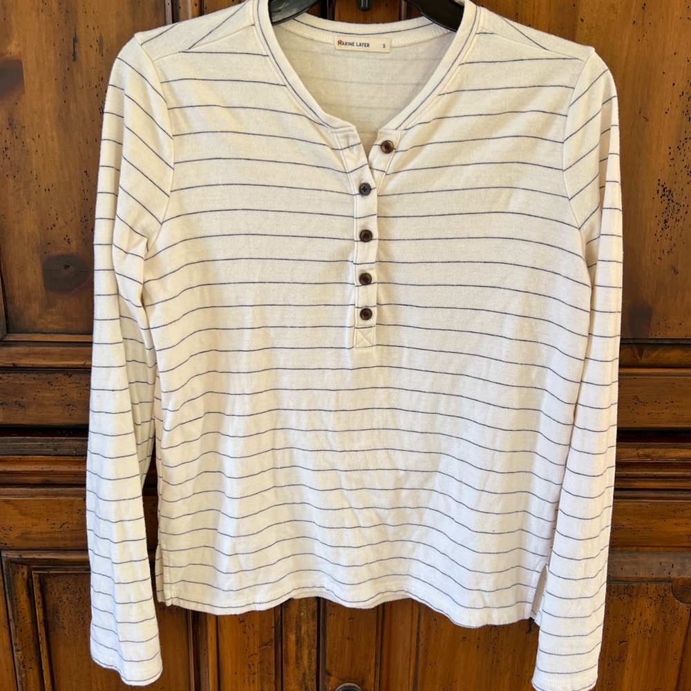 Marine Layer Women's Striped Henley Top - Cream and Black